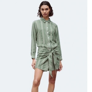 ZARA The Zoe Shirt Dress Mini Olive Green Tie Waist Womens Size XS